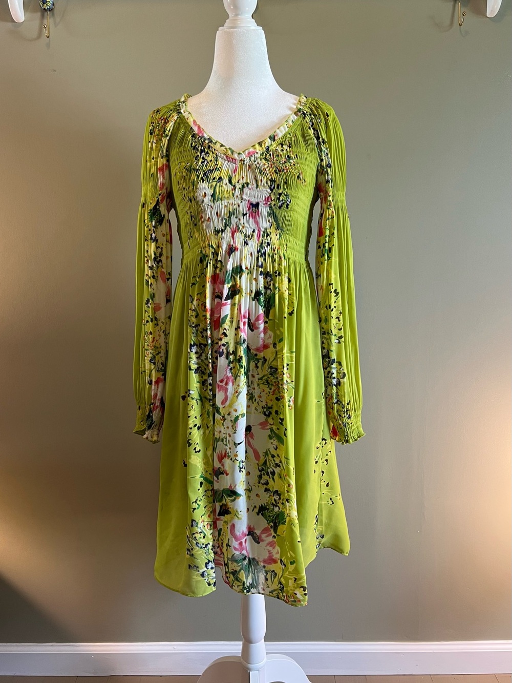 Sunny Leigh Lime Green Floral‎ Long-Sleeve Smocked Dress